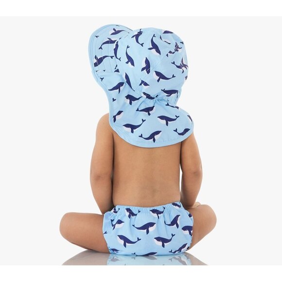 NWT Pottery Barn Kids Sun Hat 12-24M Blue Whale Print/Rugby Stripe Reversible - Picture 1 of 7
